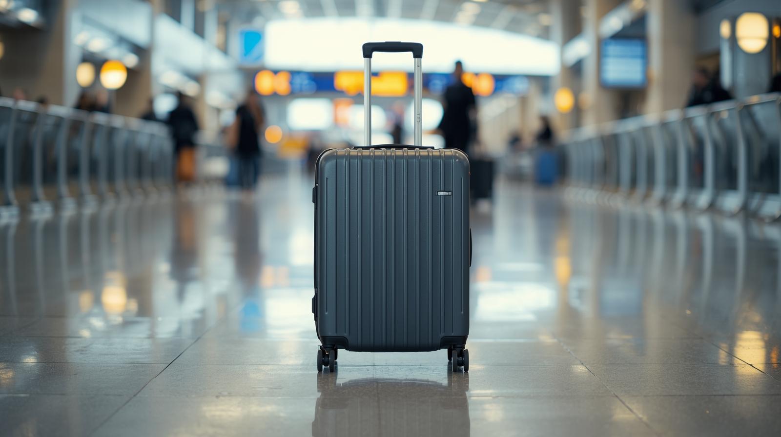 standing wheeled medium sized suitcase at airport image